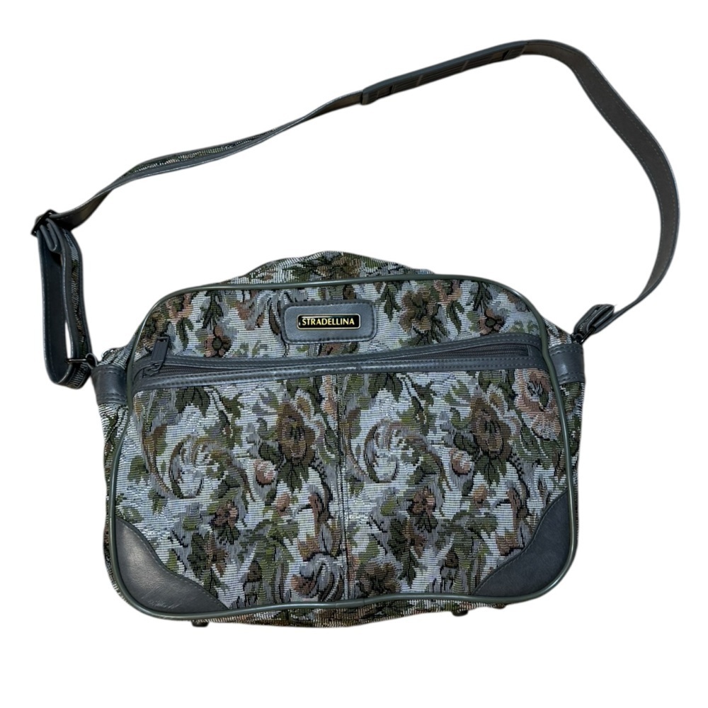 Vintage Stradellina Gray-Green Floral Tapestry Carry-On Luggage Bag Retro